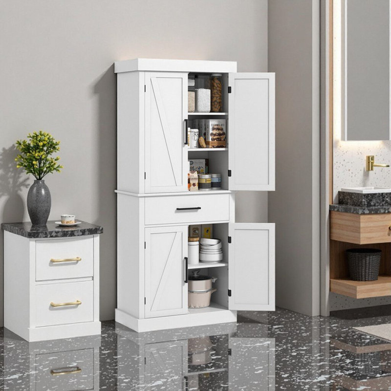 Armoire de rangement 72 "Farmhouse Kitchen - armoire autoportante blanche avec 4 portes de grange, tiroir et tablettes réglables