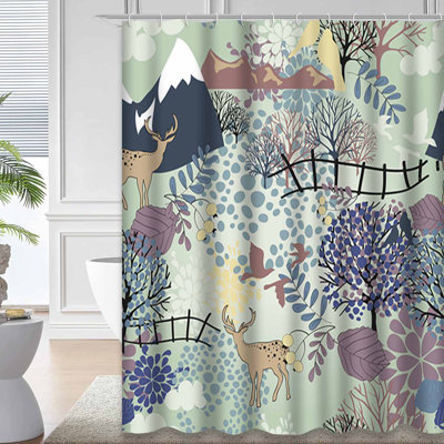 Deer Mountains Floral Spring Animal Backdrop Shower Curtain with 12 Hooks