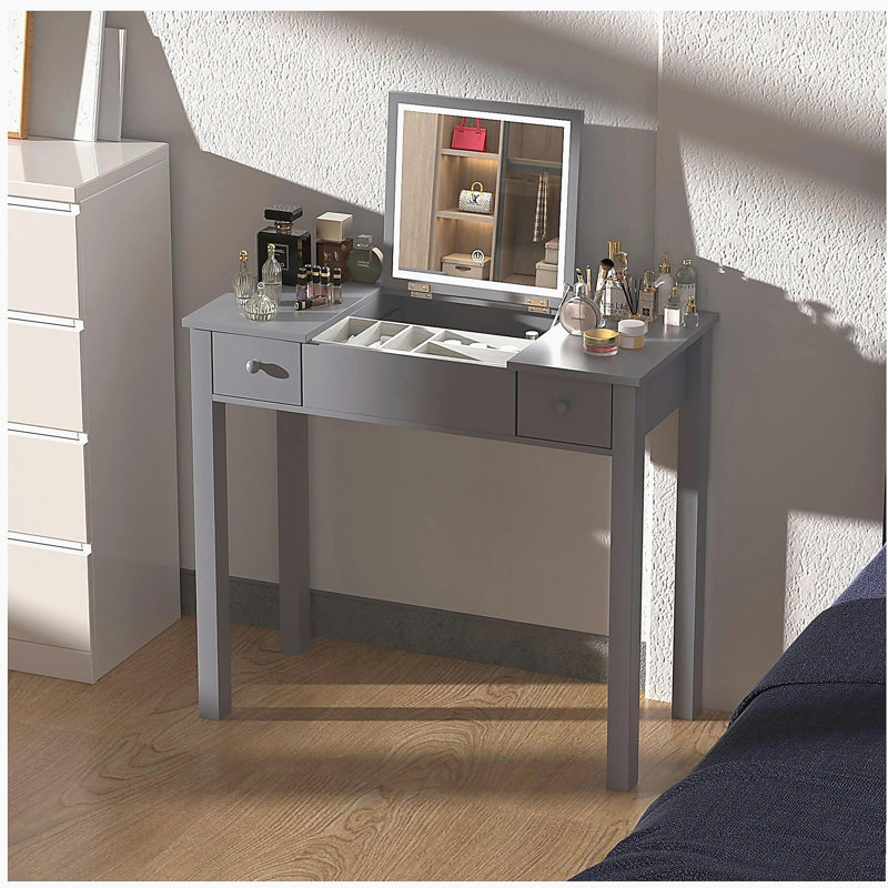 Sleek Grey Vanity Table with LED Lights,Flip-Top Mirror and 2 Drawers,Storage for Women Dressing