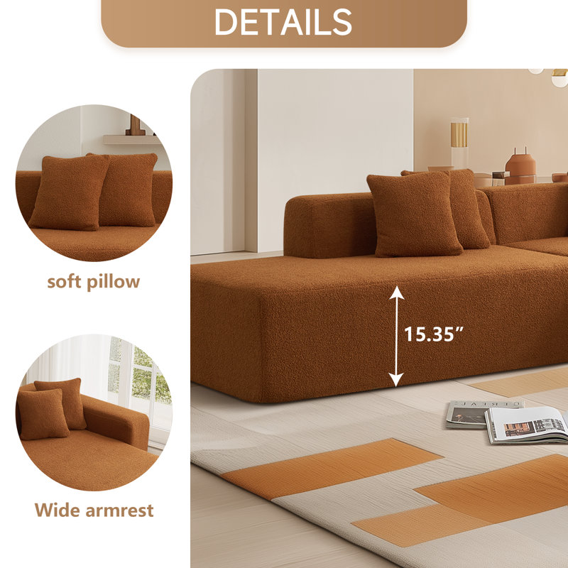 Canapé modulaire en L Sherpa de 106 po à 5 places Boneless, Fausse fourrure orange, Orienté à droite