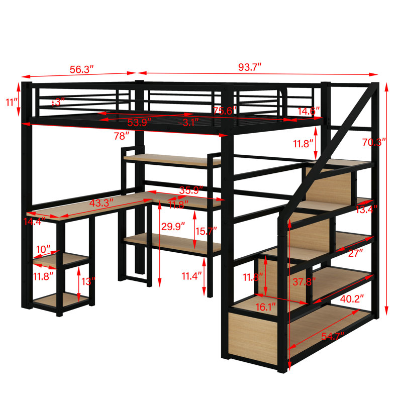 Lit mezzanine double en métal avec escalier, bureau et tablettes