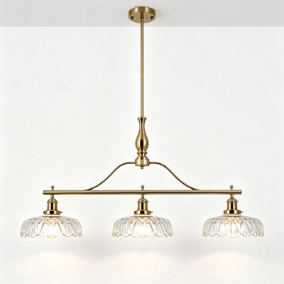 Suspension à 3 lumières pour îlot de cuisine, avec abat-jour en verre transparent en forme de pétale et tige de suspension réglable ; ampoules non comprises