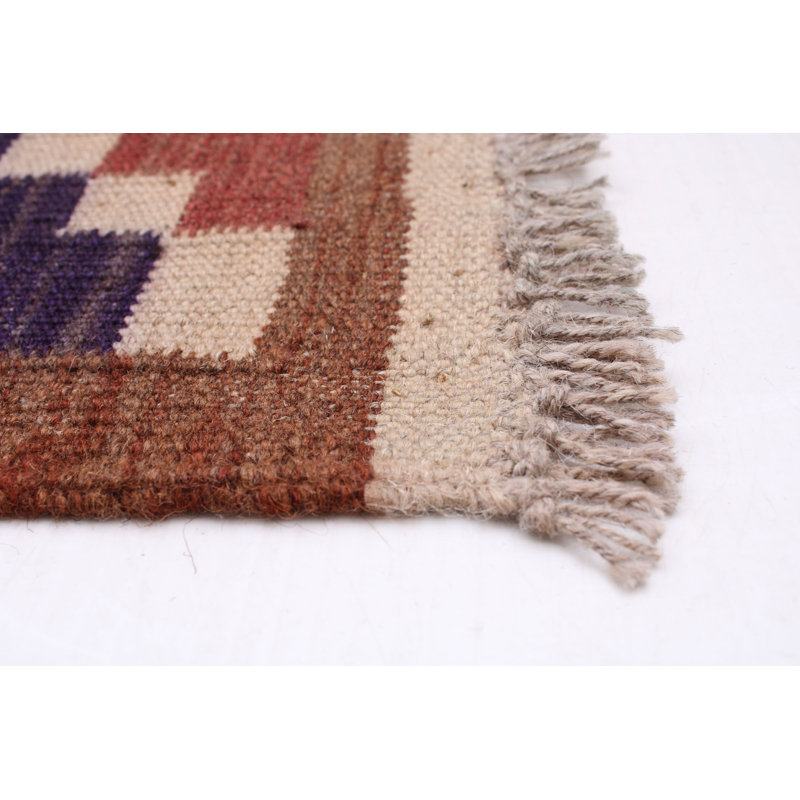 Tapis rouge / rose / brun en laine tissé à plat à la main à la main 6 pi 7 po x 9 pi 6 po Ardita