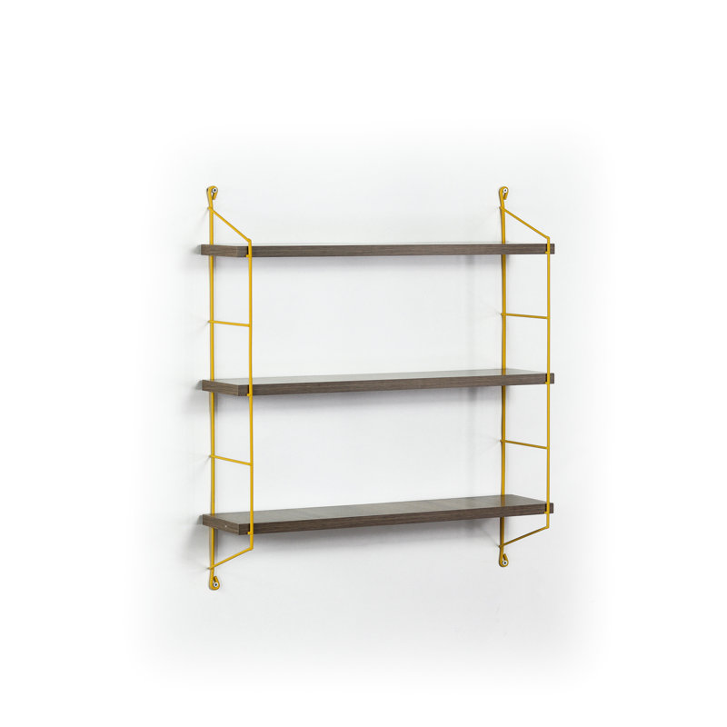 Élégante tablette murale en noyer et jaune élégante - parfaite pour mettre en valeur des pièces décoratives, un design moderne, un grand espace de rangement à 3 tablettes, noyer, jaune vif, pour décorer les salons,