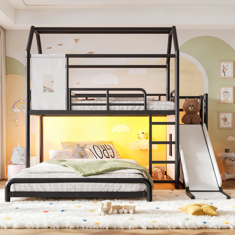 Lit superposé en métal avec glissade, échelle, lumière DEL, rideau et armoire de rangement, noir., Jumeaux sur complet, Noir