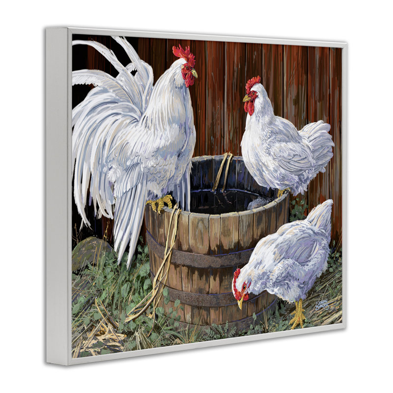 «Chatting At Watercooler Chickens», art de la giclée encadrée, design par Joseph Burgess, H 24 po x l 30 po