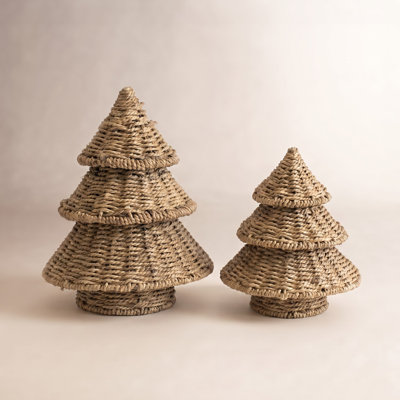 Kalalou Small Woven Vine Christmas Trees Set of 2 Natural Rustic Holiday Accent 15" H