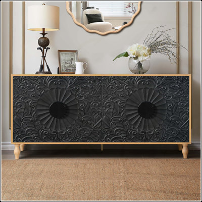 Black Carved Symmetrical Design Door with Wood Coloured Frame for TV Stand, Living Room, and Entryway
