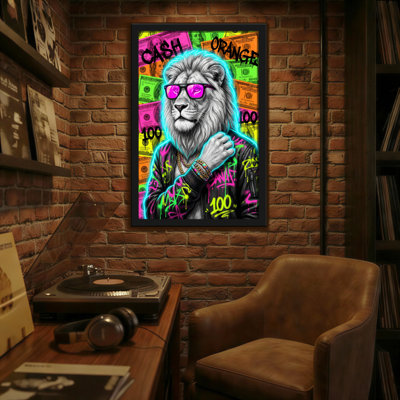 Animaux, lion coloré avec lunettes de soleil et fond d'argent