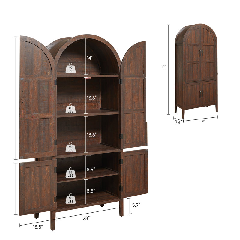 Armoire de cuisine 71 pouces à 5 niveaux avec portes et tablettes, Brun
