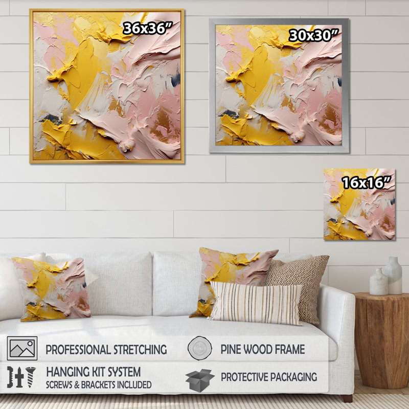 «Celebrating Destiny», reproduction de peinture abstraite or rose, H 36 po x l 36 po x P 1,5 po, Cadre flottant doré
