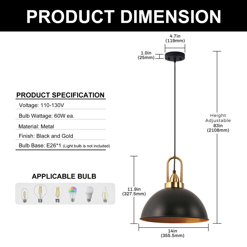1-Light Matte Black Farmhouse Pendant Light Hanging Industrial Ceiling Lights Fixture For Kitchen Island (2-Pack)