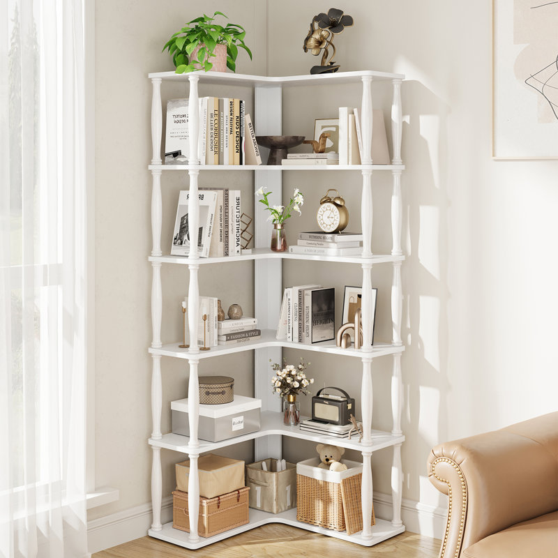 Bibliothèque de coin en forme de L à 6 niveaux de style rétro - Rangement en bois massif robuste et panneau de fibres à densité moyenne pour le salon