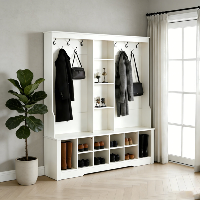 Hall Tree With Bench And Shoe Storage, 3-In-1 Entryway Organizer With Adjustable Compartments And Hooks