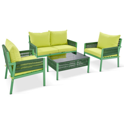 4-Piece Rope Patio Furniture Set, Outdoor Furniture With Tempered Glass Table, Patio Conversation Set Deep Seating With Thick Cushion For Backyard Porch Balcony (Fluorescent Yellow & Green)