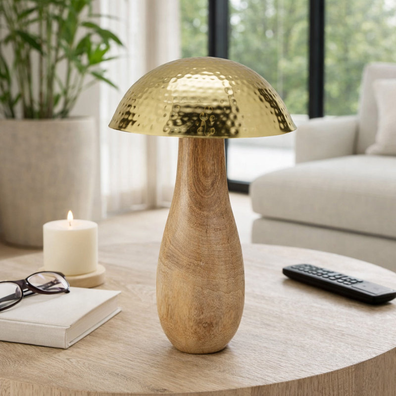 Champignon en métal avec base en bois, or, fantaisie, bicolore, accessoires décoratifs bohème, H 28 po x l 14 po x P 14 po