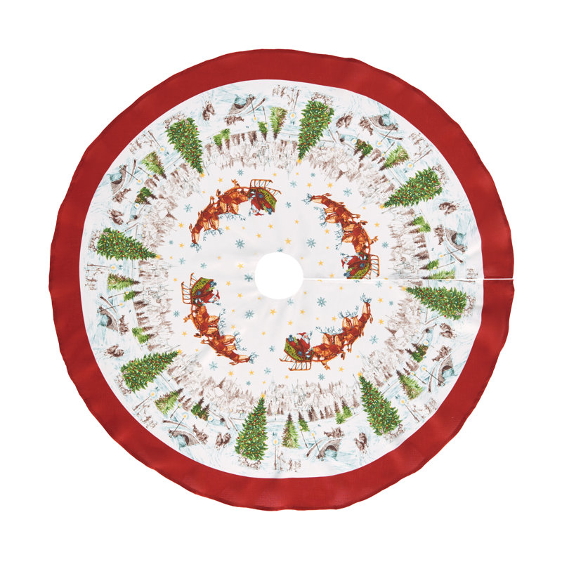 Santa's Snowy Sleighride Christmas Tree Skirt with Red Border, 48"
