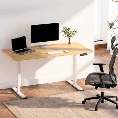 Bamboo Dual Motor Electric Standing Desk With Solid Bamboo Top, 60" X 30" Adjustable Height Sit-Stand Desk With Memory Presets