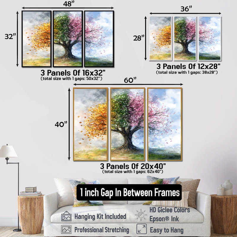 Arbre rose avec quatre saisons - ensemble d'art mural arbre de vie, H 28 po x l 36 po x P 1 po