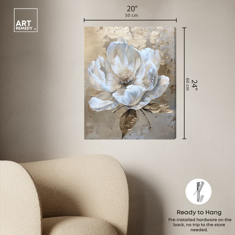Athenas Flower Gallery Wrapped Canvas Wall Art in White and Gold