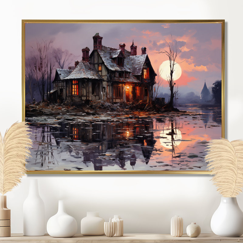 Mystérieuse maison du lac, soleil blanc couchant au crépuscule rose - Lake House, impression d'art mural