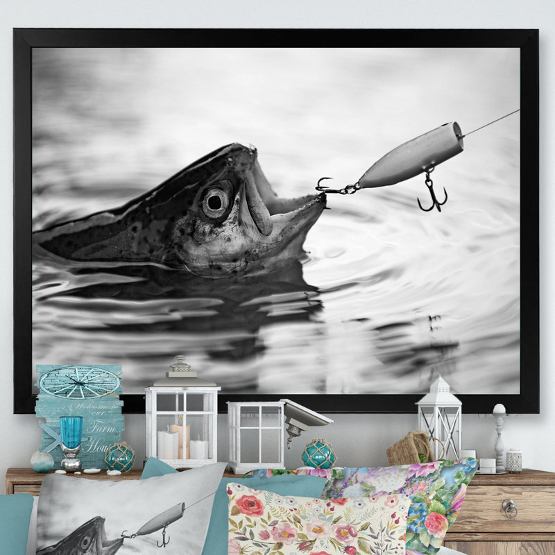 Catching Bass Fish - Fishing Framed Canvas Print Hunting Wall Art, 30" H x 40" W x 1.5" D, Black Single Picture Framed