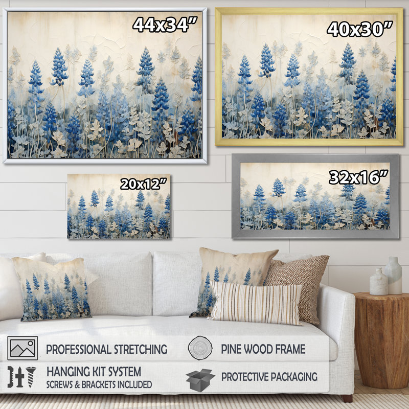 Élégant bleu et beige Bonnets Meadow - Blue Bonnets, reproductions d'art mural FL107225, Cadre naturel flottant