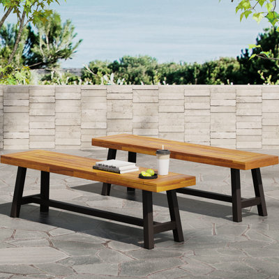 Bancs d'extérieur (lot de 2), métal rustique brun, banc de salle à manger moderne industriel à lattes en bois (lot de 2), avec