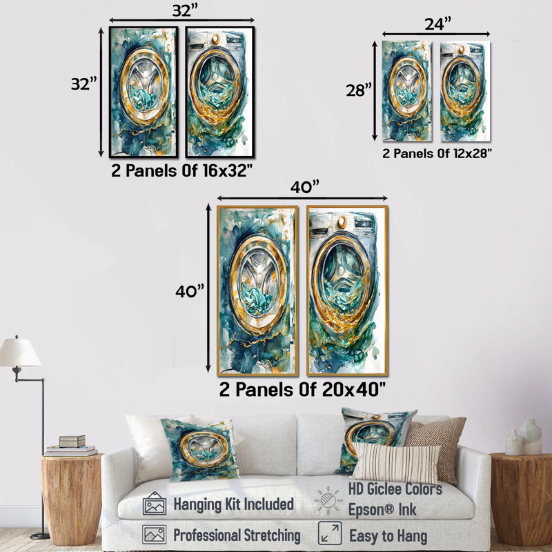 «Green Laundry Machine Wonders I - Laundry Art», ensemble de 2 pièces, H 32 po x l 32 po, Toile tendue