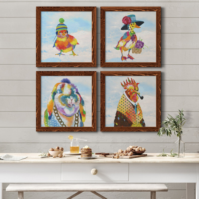 «Groovy Chick and Sky», ensemble de 4 peintures sur toile encadrées, Toile avec encadrement érable