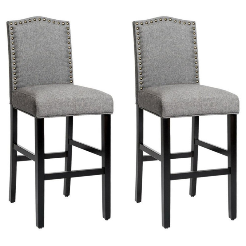 Gray Linen and Dark Wood Counter Height Barstools with Brass Nails
