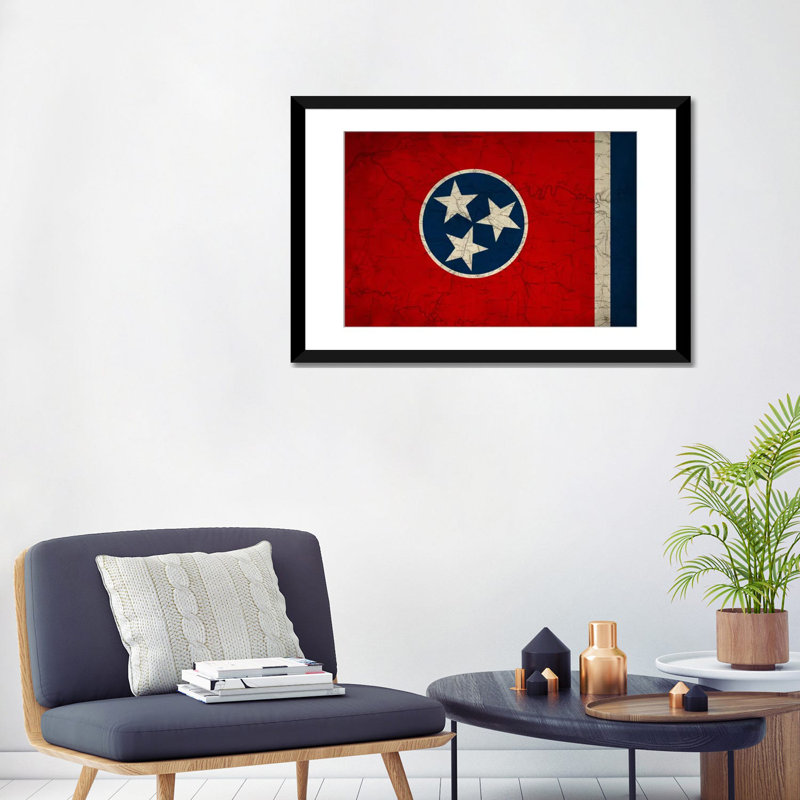 «Flags Tennessee Map», impression sur toile tendue, H 16 po x l 24 po x P 1 po, Papier avec cadre noir, Blanc