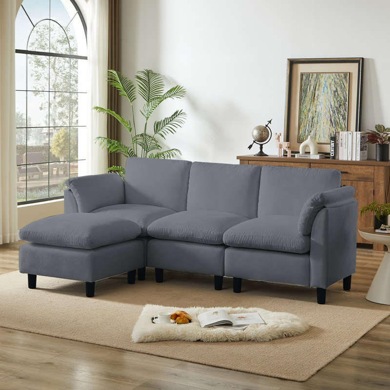 Modern L-Shaped Chenille Upholstered Sectional Couch for Living Room, 3 Seater Cloud Sofa with Ottoman, Gray