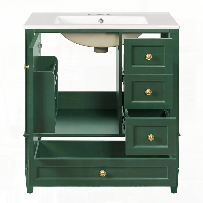 Meuble-lavabo moderne en bois massif avec lavabo en céramique et trois tiroirs, Vert