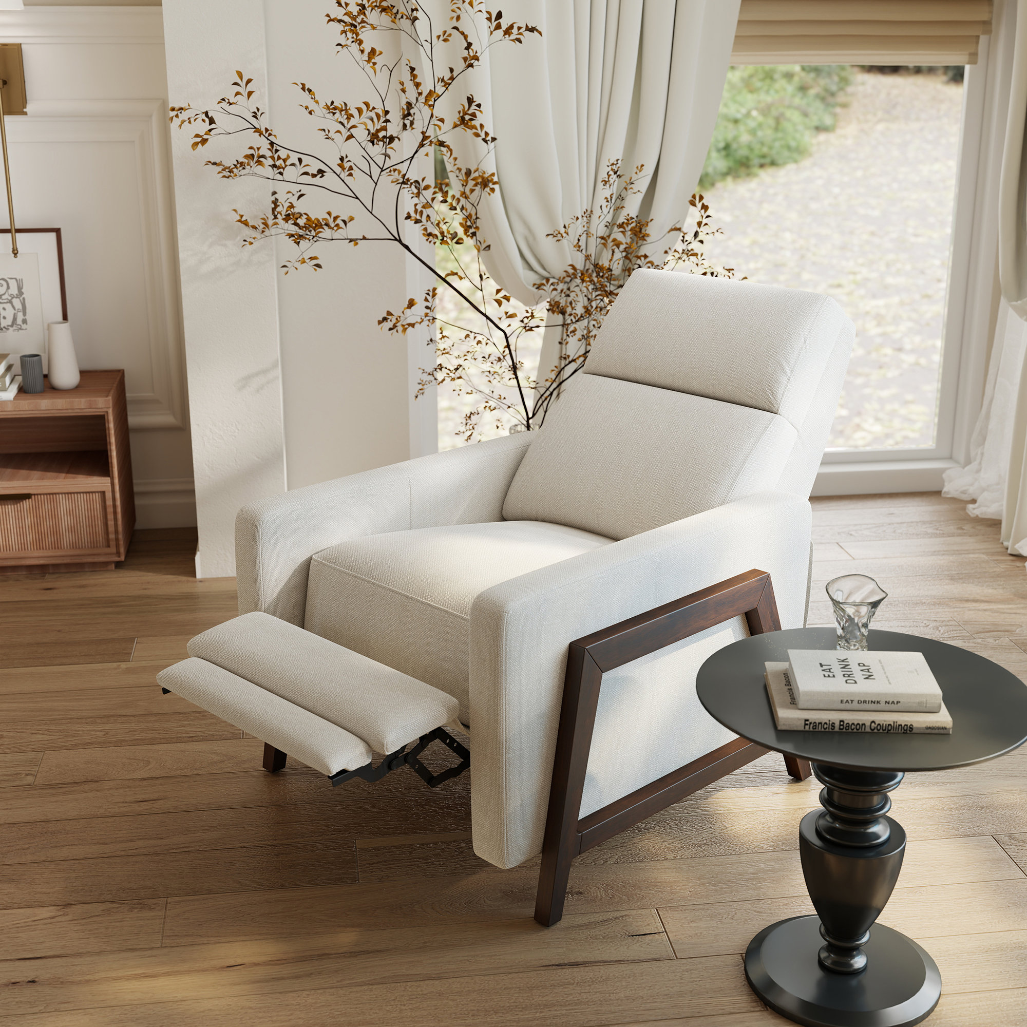 Edwin Upholstered Solid Wood Recliner, White