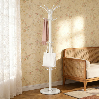 Portemanteau autoportant avec base en marbre et 16 crochets, portemanteau en métal robuste avec rangement pour parasol, portemanteau peu encombrant pour vestes, chapeaux, sacs et rangement pour vestibule