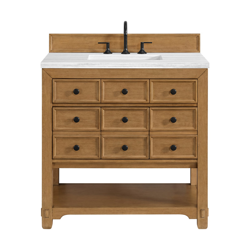 Malibu 36'' W Single Vanity, White Zeus, Widespread, Amber Birch