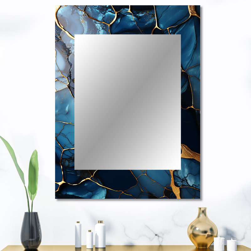 Or et saphir bleu marbre mosaïque V - miroir mural décoratif abstrait, miroir moderne, art imprimé en métal, 40 po x 30 po