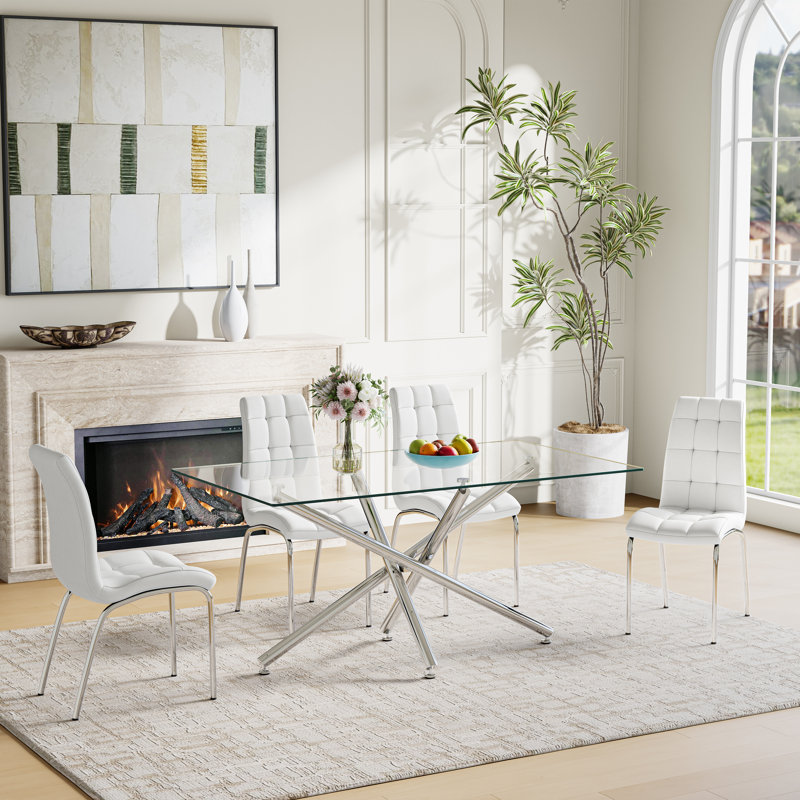 5-Piece Modern Dining Set – Rectangular Glass Table With Metal Base & 4 Faux Leather High-Back Chairs, Silver/White, Silver