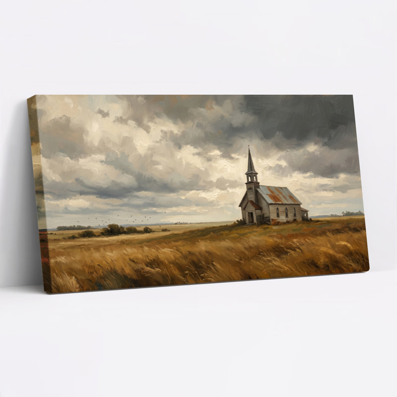Ensemble de 1 tableau sur toile représentant une église rurale, L 32 po x H 16 po, Toile tendue