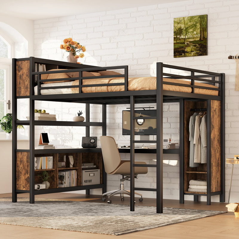 Lit mezzanine pour grand lit Roomfitter avec bureau en L, garde-robe, cubes de rangement et tablettes, structure robuste, noir
