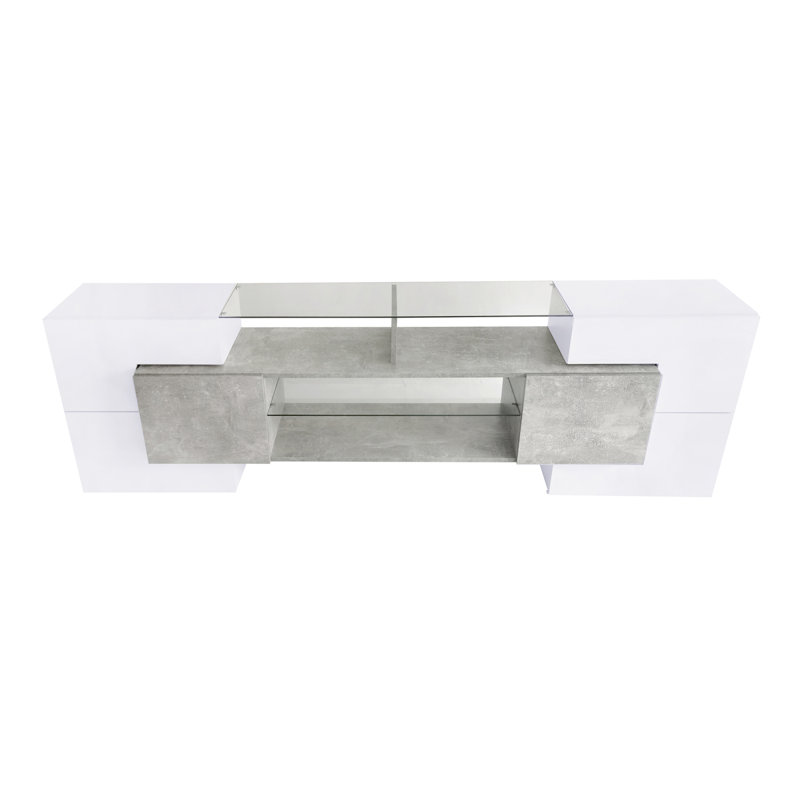 Meuble télé de forme unique avec 2 tablettes en verre illuminées, centre de divertissement ultrabrillant pour téléviseurs de 88 po ou moins, meuble télé polyvalent avec éclairage DEL pour le salon
