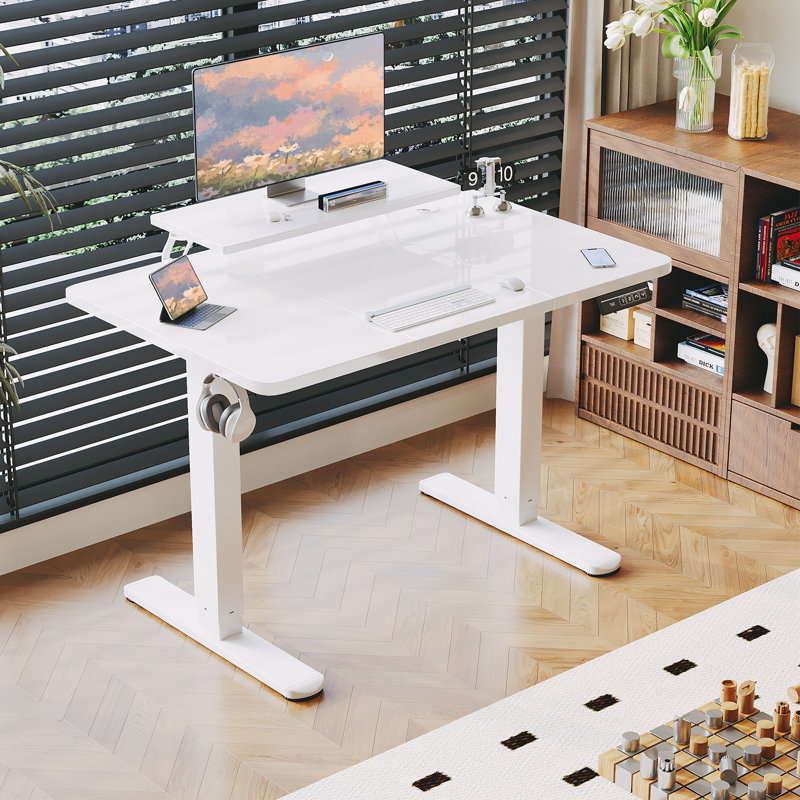 T-Shape Electric Standing Desk With Monitor Stand Memory Smart Pannel Home Office Desk, White, 120 W x 60 D, White