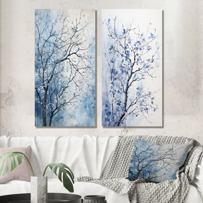 Arbre bleu et blanc Blooms In Winter I - ensemble de 2 décorations murales en métal