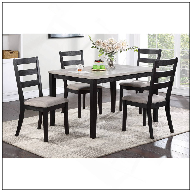 Classic Stylish Black Finish 5Pc Dining Set Kitchen Dinette Wooden Top Table And Chairs Upholstered Cushions Seats Ladder Back Chair Dining Room