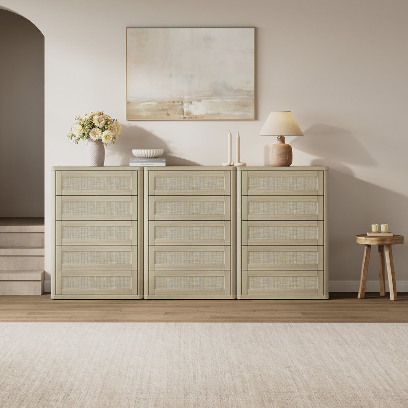 Commode 5 tiroirs Boho-Rattan, Chêne sablé, 1