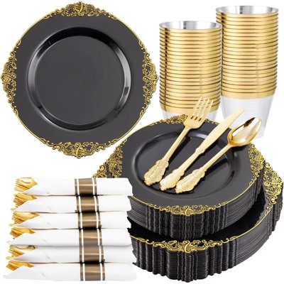 Ensemble 175 pièces de fête jetables noires pour 25 invités - assiettes avec garniture dorée, serviettes pré-roulées et couverts comprenant 50 assiettes, 75 pièces d'argenterie et 25 tasses