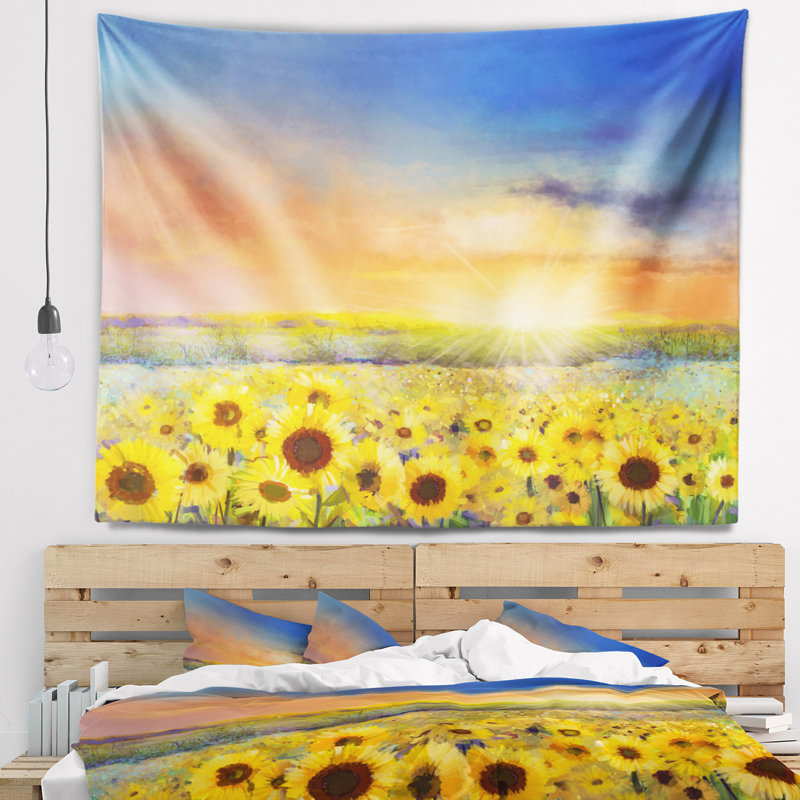 Coucher de soleil sur une tapisserie de champ de tournesols dorés, H 32 po x l 39 po