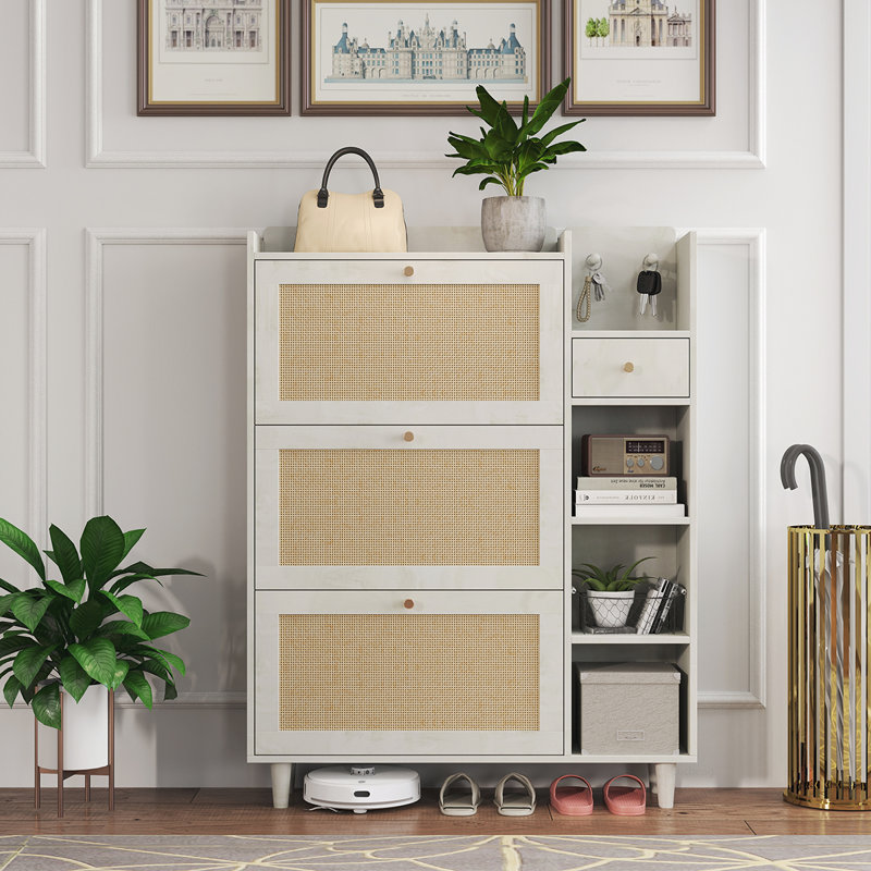 Versatile Bohemian Shoe Cabinet with Multiple Storage Options for Hallways, White