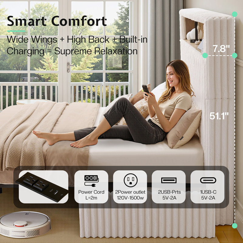 Smart Upholstered Bed Frame, Cream, King